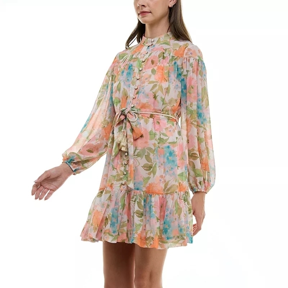 Taylor Pink and Orange Wrap Mini Dress with Bishop Sleeves - Picture 8 of 11